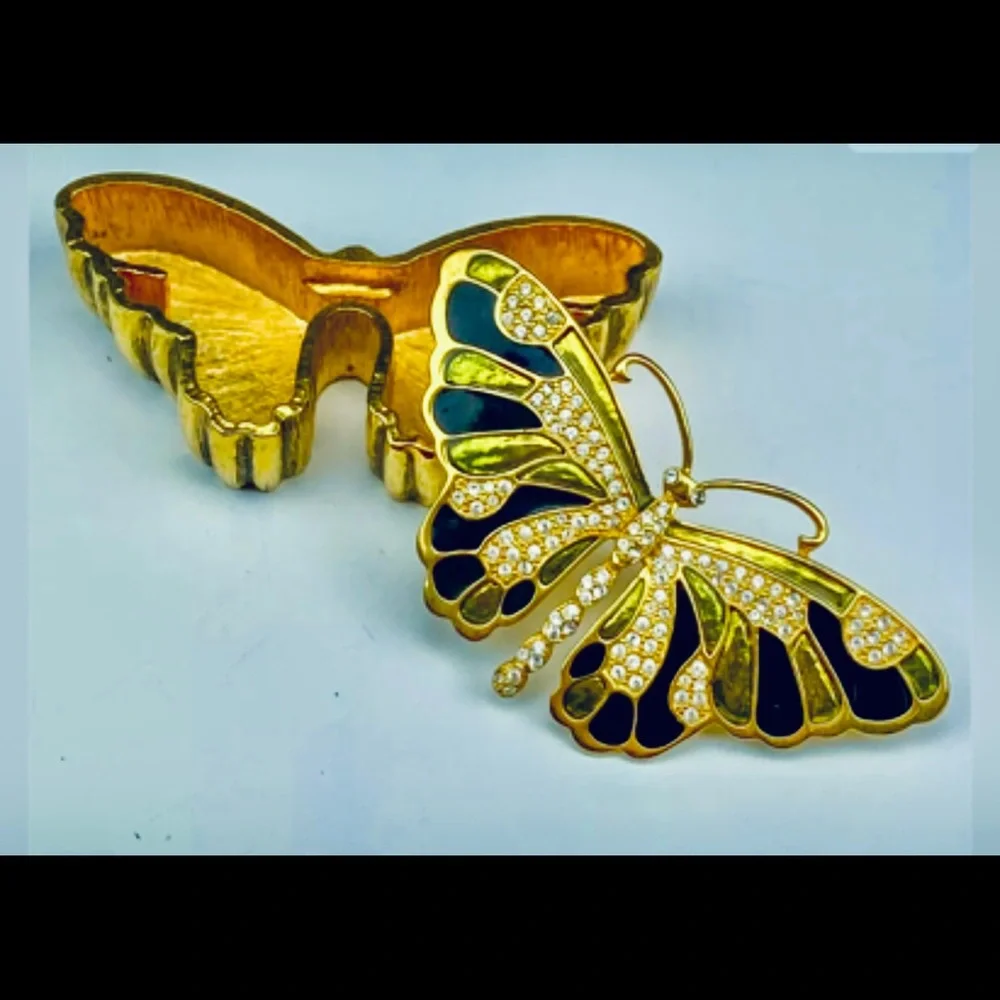 Kenneth Jay Lane Butterfly Pin and Box  Green Enamel Rhinestones made Thailand
